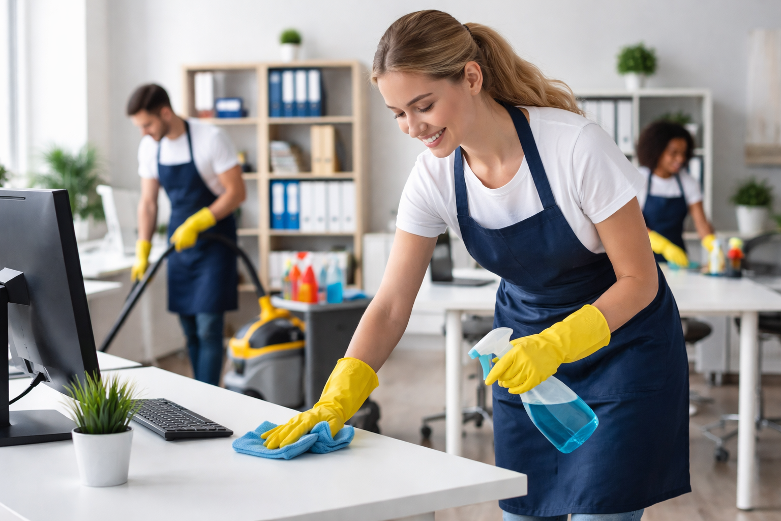 Professional office cleaning services in Spring Hill TN – team of cleaners wiping desks, vacuuming floors, and sanitizing workspaces in a modern office.